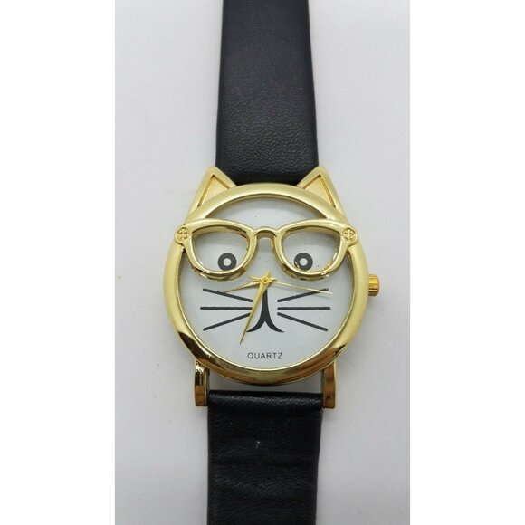 Cat Face Watch with Glasses Two Piece Black Strap Band Woman's White Gold Face - Picture 2 of 6